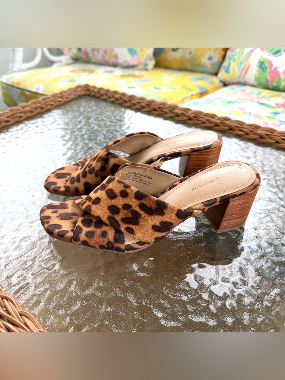 14th & Union Leopard Print Block Heel Slide Sandals Size 6M Brown Animal Mules